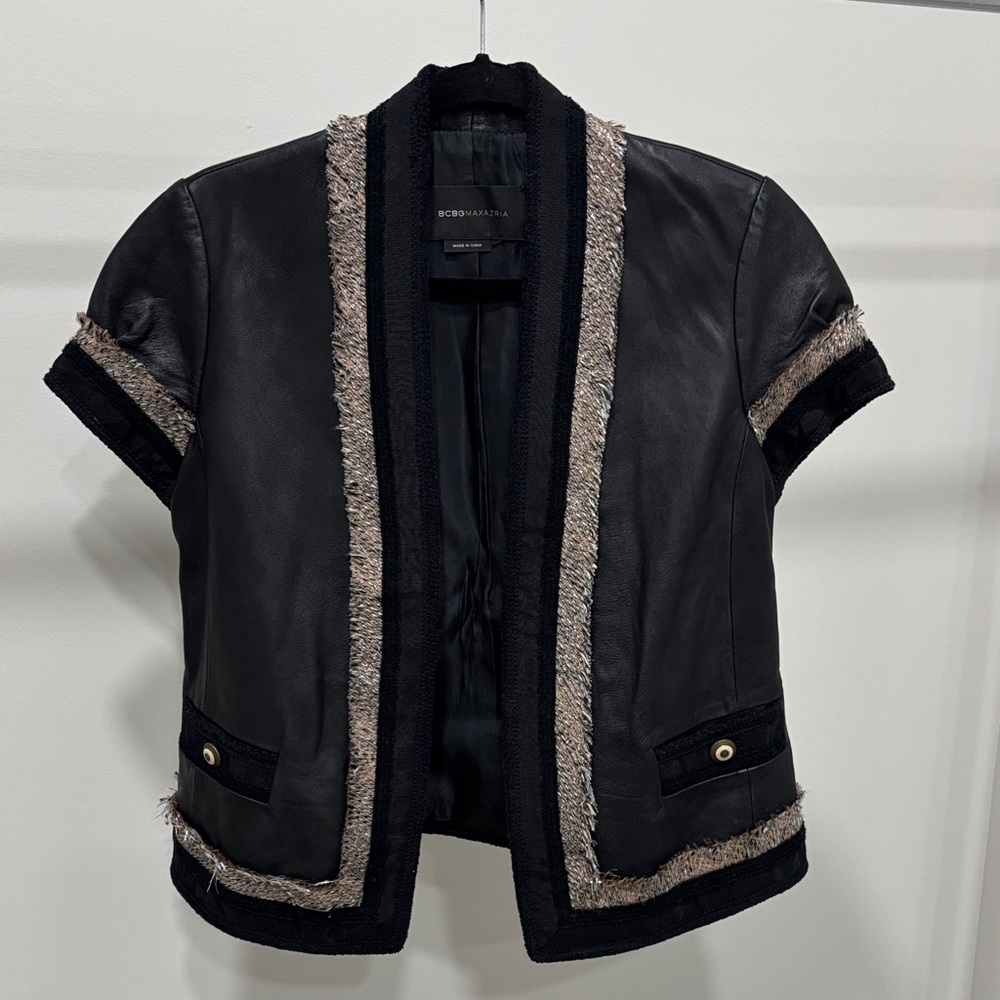 BCBGMaxAzria Black leather Short Sleeve Blazer. No size tag but estimate a S